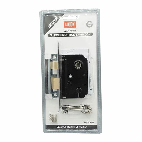 Union Mortice Sashlock 3 Lever Essentials Chrome 2.5in 3 Union Mortice Sashlock 3 Lever Essentials Chrome 2.5in