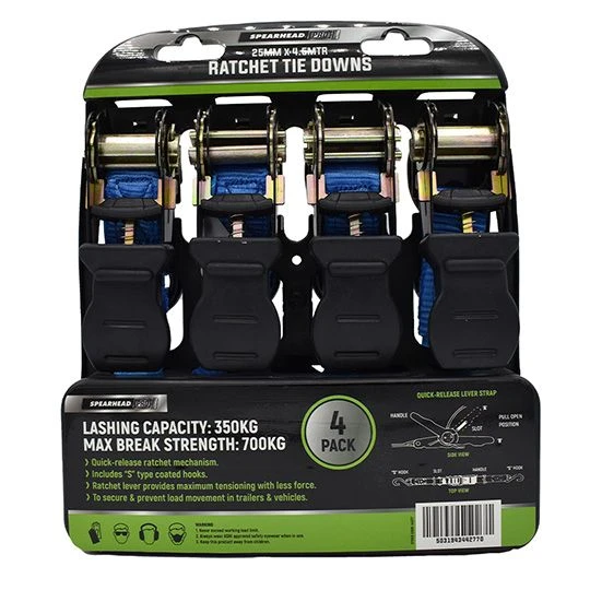 Spearhead Ratchet Tie Downs 25mm 4.5m 4 Pieces