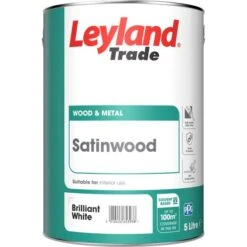 Leyland Trade Satinwood Paint Brilliant White 5L -Paint Tool Store leyland trade satinwood paint brilliant white 5l